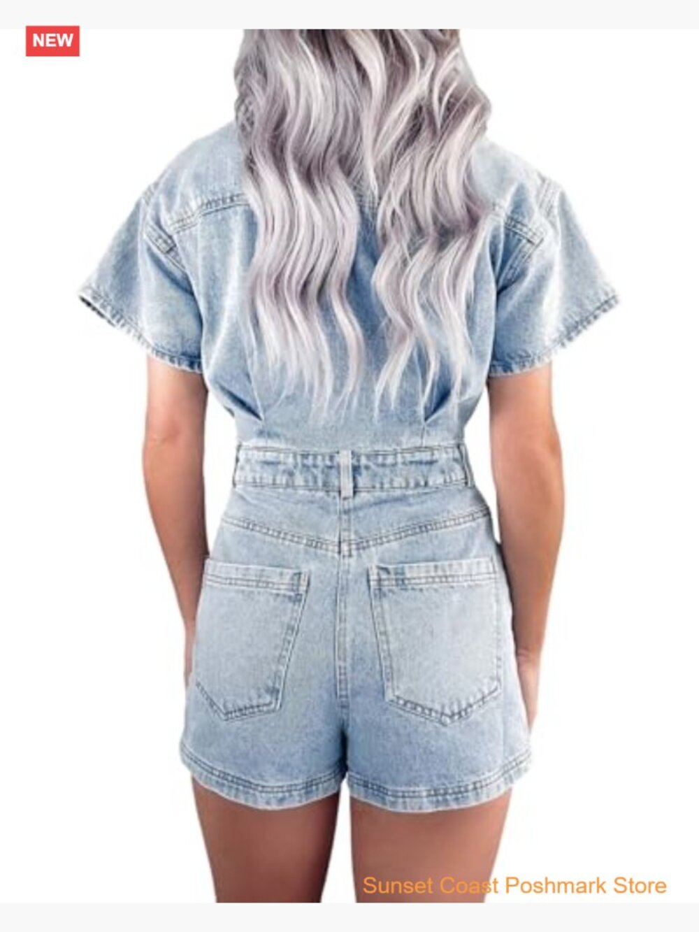 Distressed Button Front Denim Romper Short Sleeve Vintage Slim Fit Jumpsuit - Picture 3 of 4